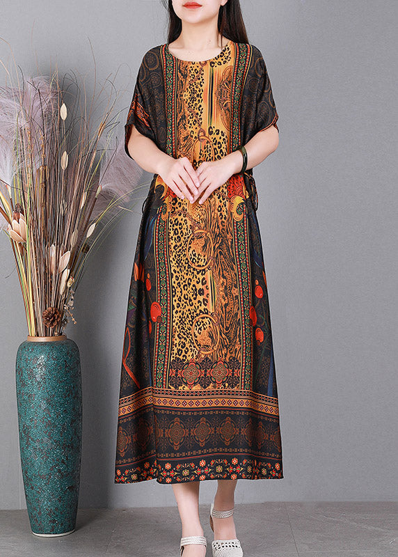 Yellow O-neck Print Elastic Waist Silk Dresses Short Sleeve
