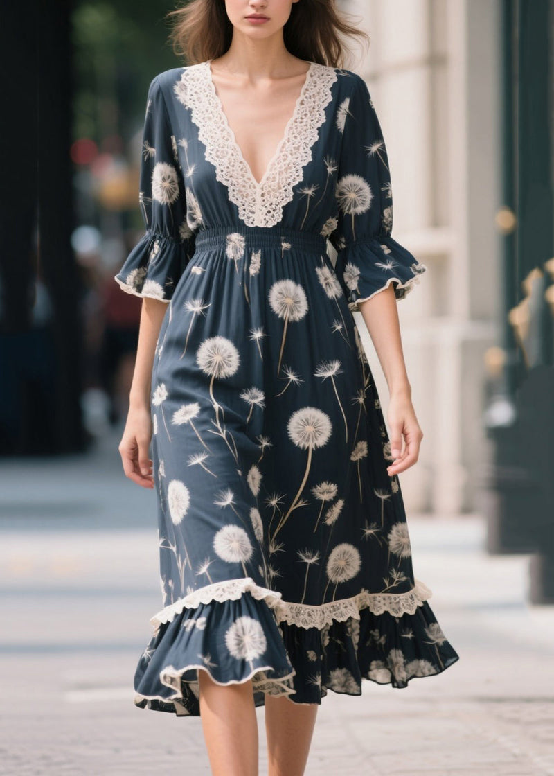 Navy V Neck Patchwork Print Chiffon Long Dresses Summer