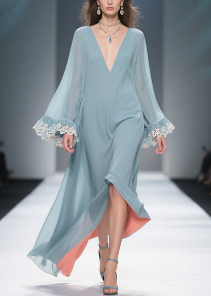 Loose Blue V Neck Chiffon Maxi Dresses Flare Sleeve