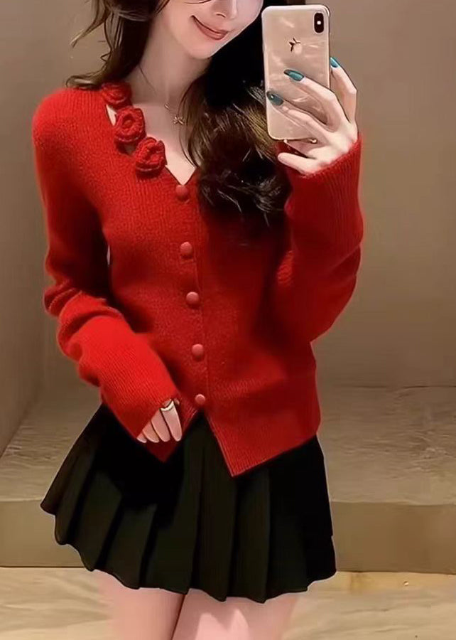 Organic Red Button Cotton Knit Sweater Spring