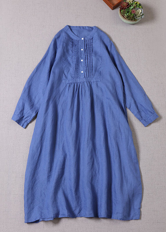 Blue Button Wrinkled Linen Dresses Long Sleeve