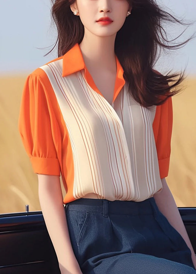 Orange Peter Pan Collar Patchwork Chiffon Shirt Summer