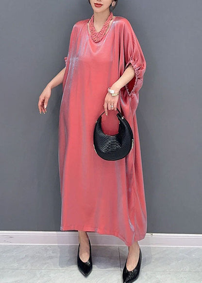 Pink O-neck Silk Long Dress Short Sleeve Summer
