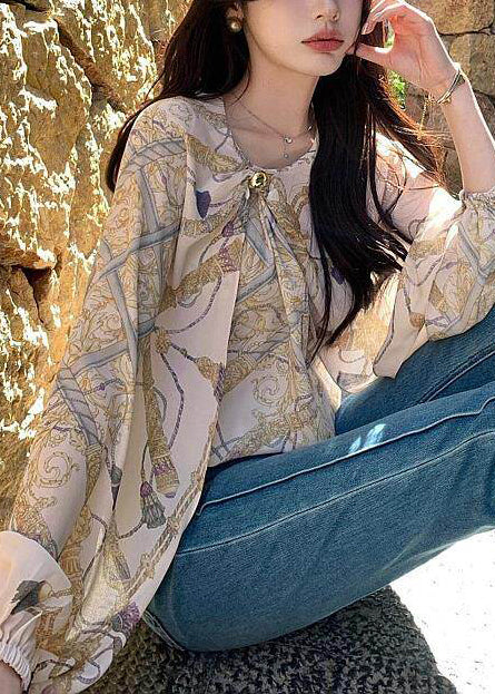 Beige Asymmetrical Print Chiffon Shirt Spring