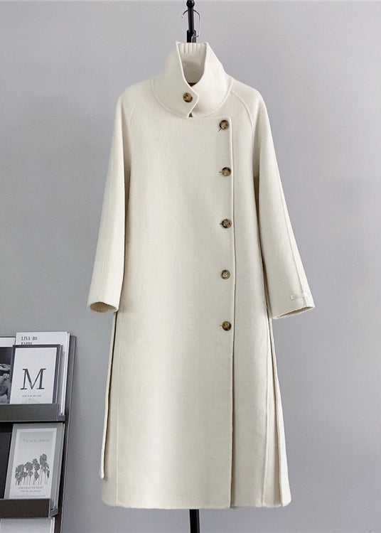 White Woolen Coats Stand Collar Tie Waist Winter