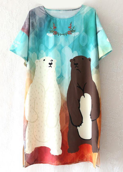 Blue Print O-neck Animal Summer Dresses Short Sleeve