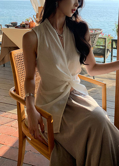 White V Neck Front Open Cotton Blouses Sleeveless