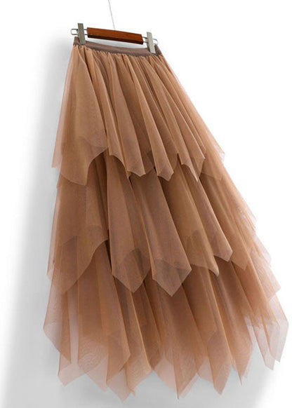 Chocolate Asymmetric Design Elastic Waist Tulle Skirts Spring