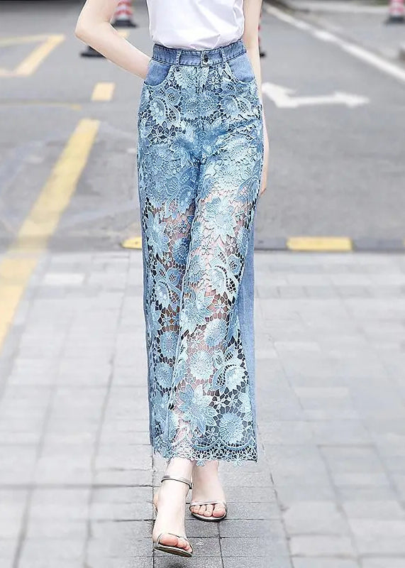 Blue Lace Hollow Out Pockets Denim Crop Pants Summer