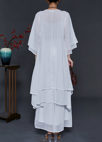White Draping Layered Chiffon Two Piece Suit Set Summer