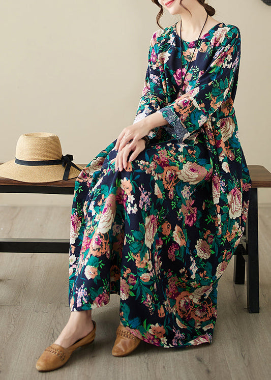 Retro Blue O-neck Print Pockets Long Dress Spring