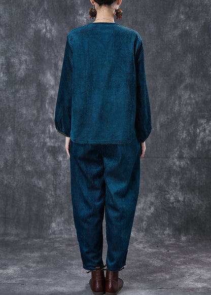 Peacock Blue Patchwork Corduroy Two-piece Set Chinese Button Spring