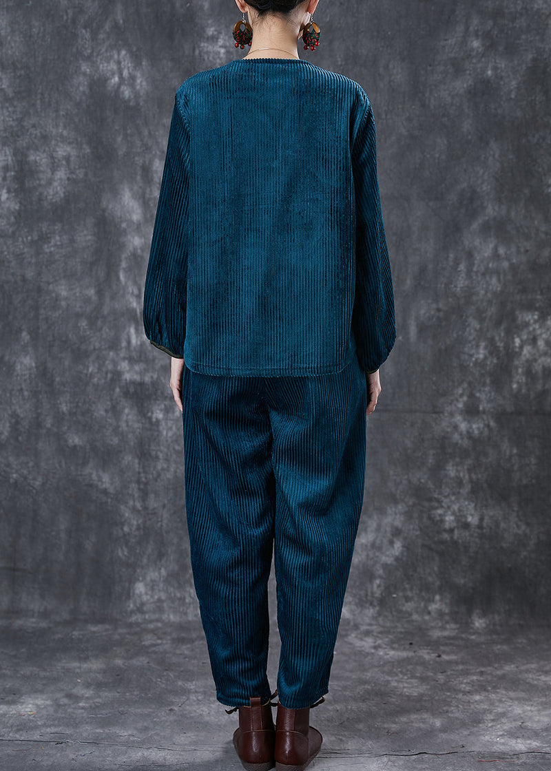 Peacock Blue Patchwork Corduroy Two-piece Set Chinese Button Spring