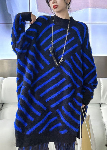 Blue Striped Mink Velvet Fall Knit Sweaters
