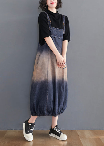 Blue Gradient Color Pockets Spaghetti Strap Denim Dress Summer