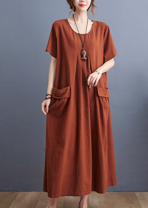 Caramel O-neck Wrinkled Pockets Linen Dress Short Sleeve