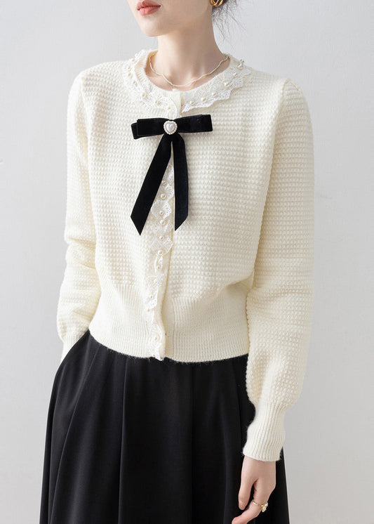 Fine White Bow Nail Bead Knit Loose Coat Winter