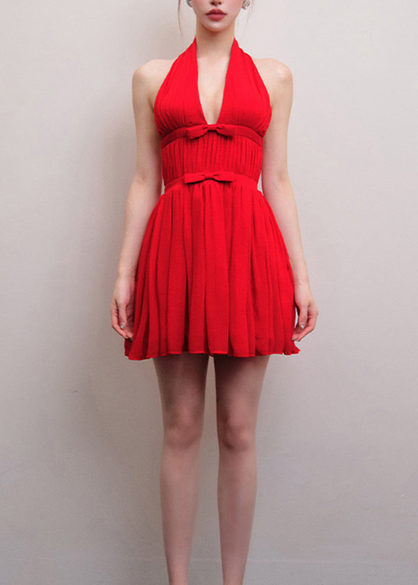 Summer New Chiffon Halter Vneck Bow Red Dresses