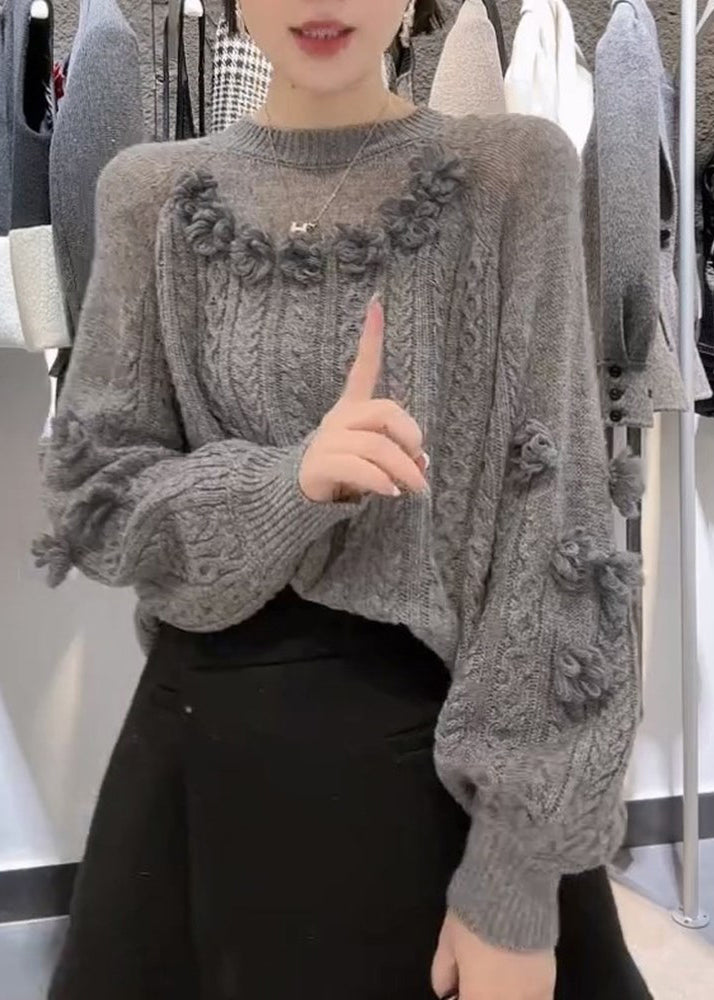 French Grey O Neck Knit Sweaters Fall
