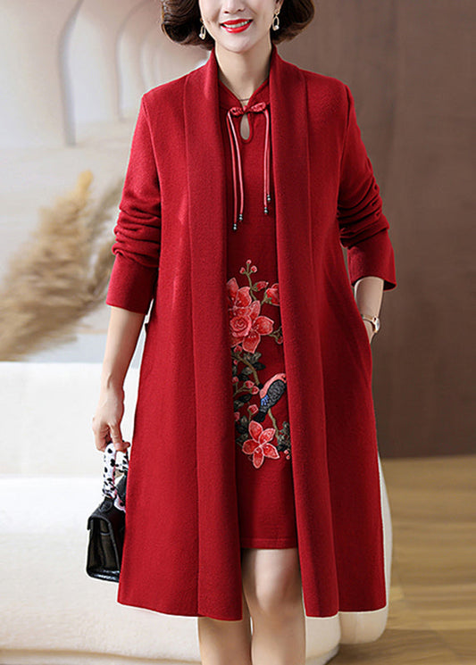 Retro Red Print Pockets Woolen Coats and Mid Dress Two Pieces Set Fall