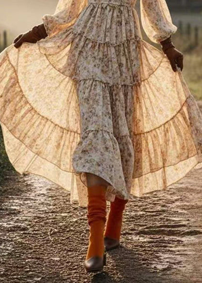Yellow Print Patchwork Chiffon Maxi Dresses Spring