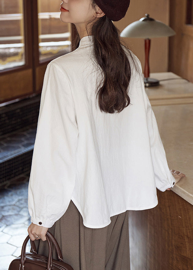 Loose Beige Stand Collar Button Cotton T Shirts Fall
