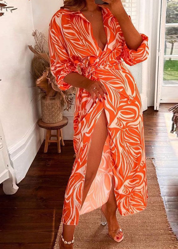 White Orange Asymmetrical Tie Waist Maxi Dresses Long Sleeve