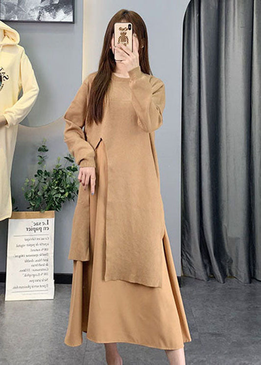Yellow O-neck Chiffon Patchwork Knit Dresses Spring