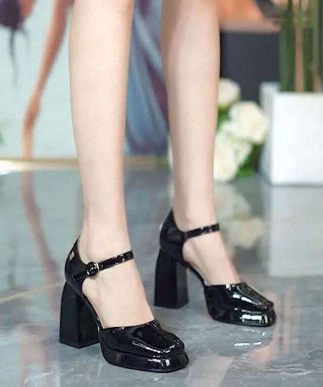 Black High Heels Chunky Cowhide Leather Buckle Strap Platform Heels