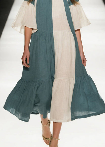 Sea Blue Patchwork Cotton a Line Dresses Oversized Flare Sleeve