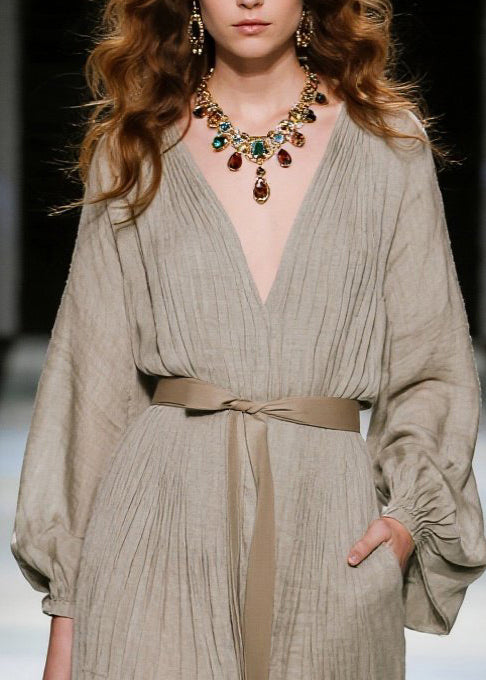 Khaki V Neck Tie Waist Cotton Long Dresses Spring