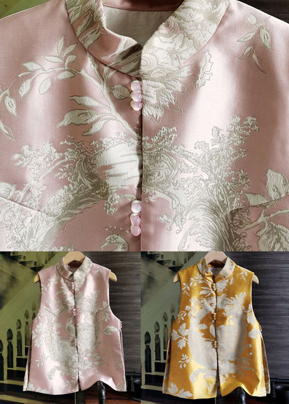 Pink Stand Collar Peacock Jacquard Silk Vest Sleeveless