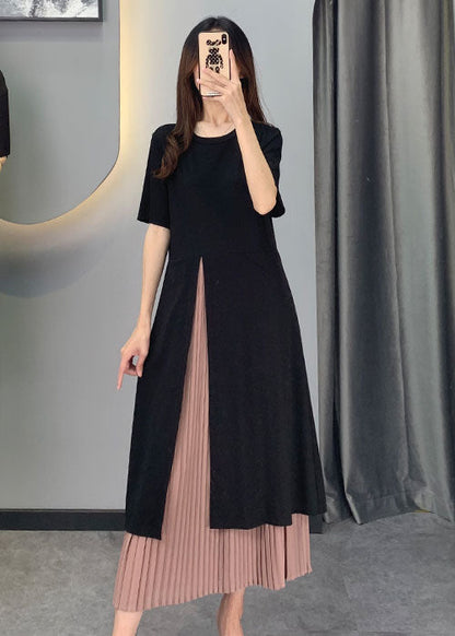 Black Chiffon Patchwork Side Open Dresses Short Sleeve