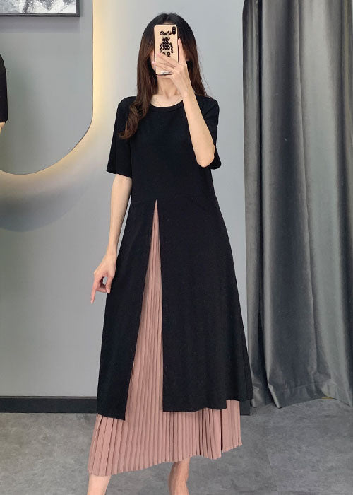 Black Chiffon Patchwork Side Open Dresses Short Sleeve