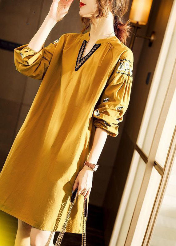 Yellow V Neck Cotton Dresses Spring
