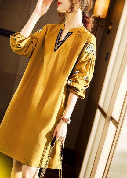 Yellow V Neck Cotton Dresses Spring