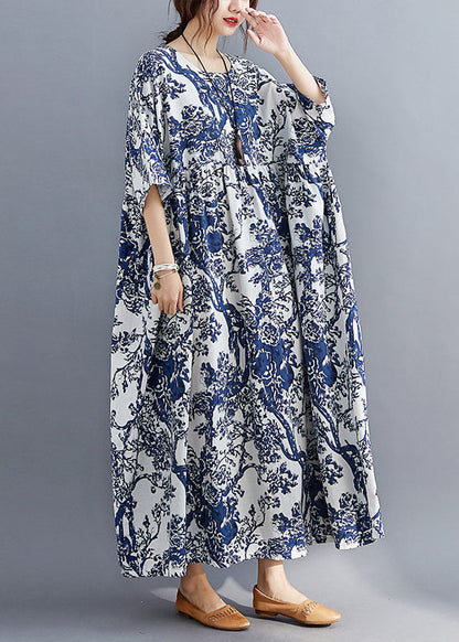 Blue O-neck Print Patchwork Wrinkled Maxi Dresses Summer