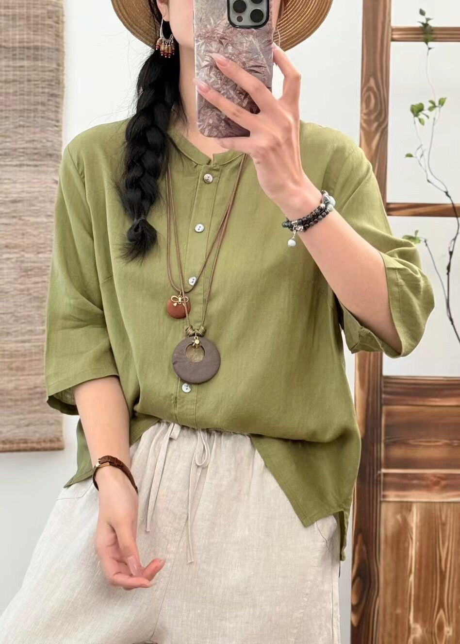 New Orange O Neck Button Linen Blouse Half Sleeve