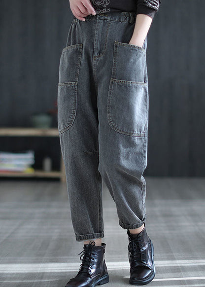 Grey High Waist Pockets Harem Fall Denim Pants