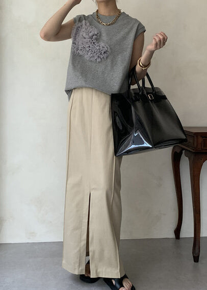 Grey Decorated Cotton Tank Tops Sleeveless
