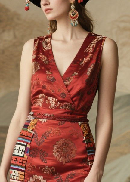 Red Tasseled Print Silk Long Dress Sleeveless