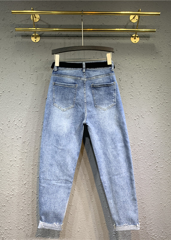 Diy Blue High Waist Pockets Patchwork Denim Pants Fall