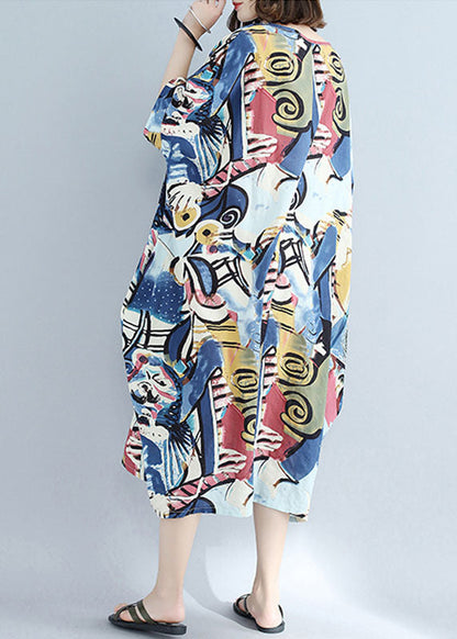 French Blue Tie Dye Print O-neck Pocket Cotton Holiday Dress Short Sleeve