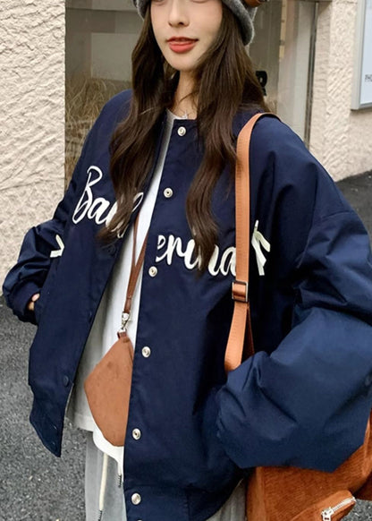 Navy Oversized Bow Letter Print Fine Cotton Filled Jackets Winter