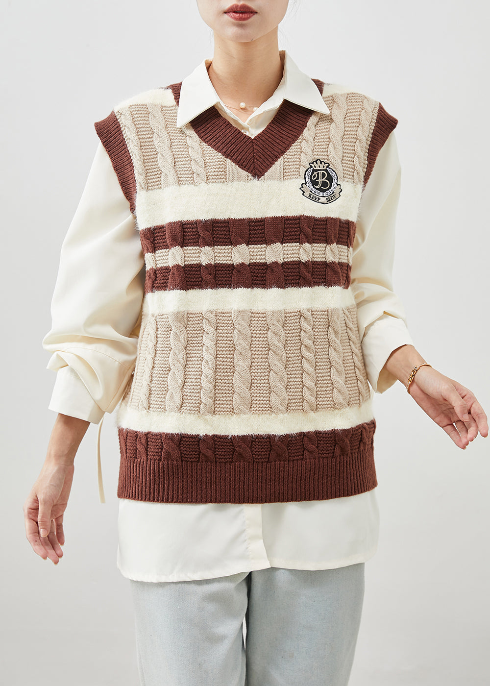 Khaki V Neck Patchwork Knit Vest and Shirt Two Pieces Set Winter