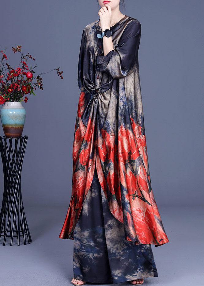Blue Print Low High Design Long Shirts Wide Leg Two Pieces Set