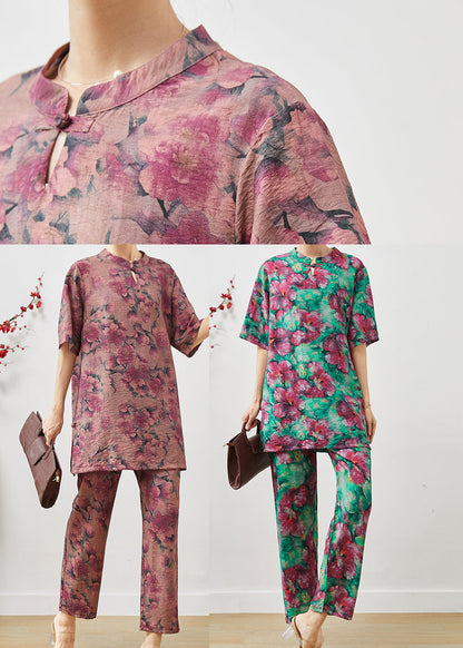 Green Print Linen Two Pieces Set Chinese Button Summer
