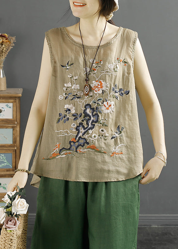 Handmade White O-neck Bird Embroideried Linen Tank Sleeveless