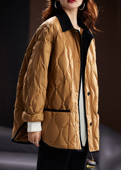 Khaki Peter Pan Collar Pockets Duck Down Coat Long Sleeve