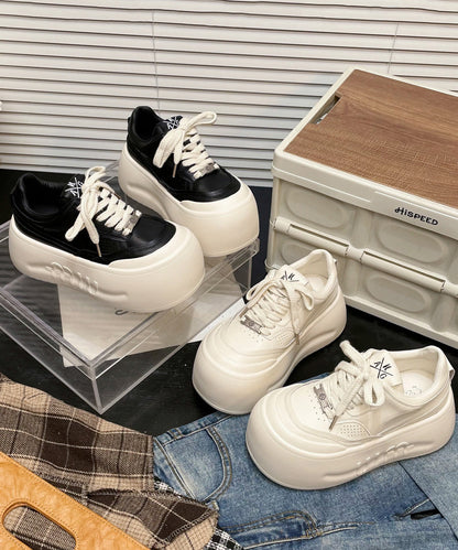 Lace Up Splicing Platform Shoes Beige Cowhide Leather